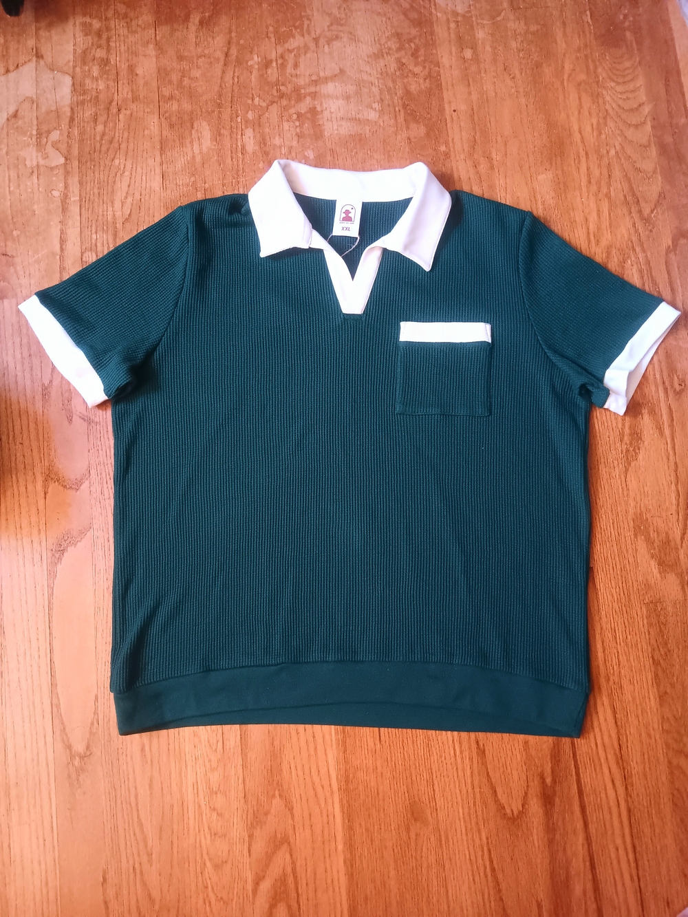 Dandy Del Mar Men's Teal & Cream Short-Sleeve Waffle Knit Rugby Polo Shirt  XXL